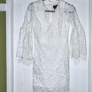 Vici Crochet White Mini Dress with Bell Sleeves